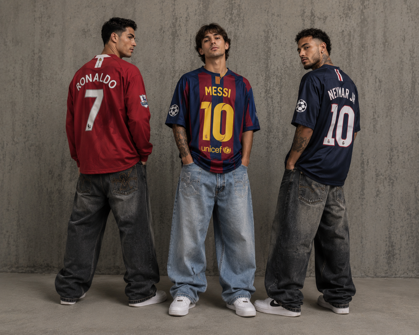 Models wearing football-inspired streetwear jerseys